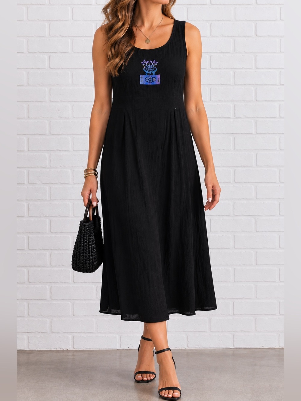 Vintage Positive Attitude Petite Black Embroidered Midi Dress Size 8P Lightweigh